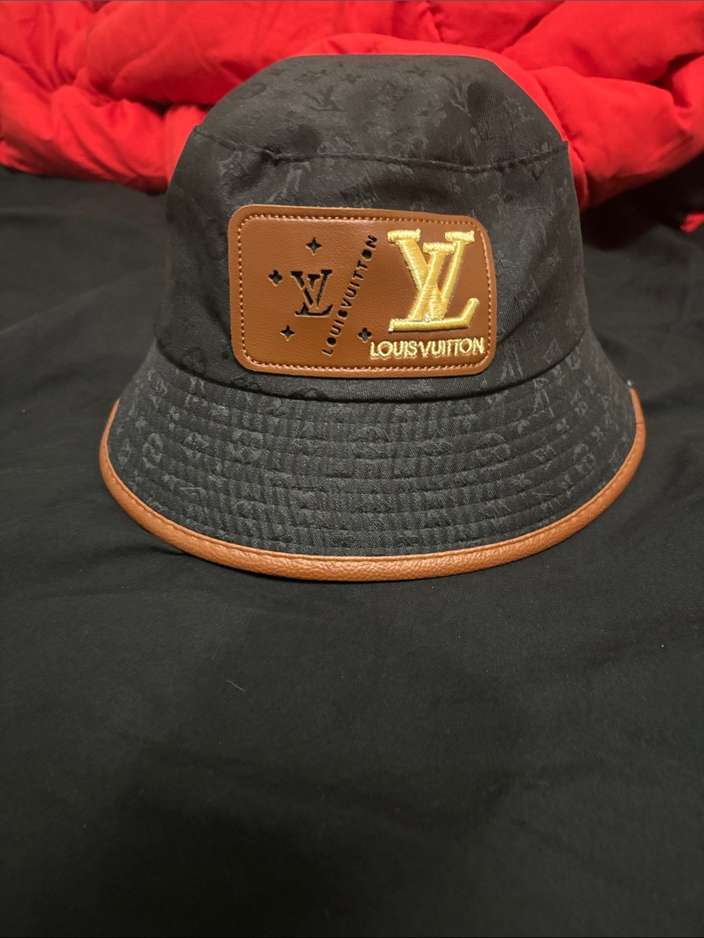 Louis Vuitton Black Bucket Hat with Brown Trim and Gold Patch
